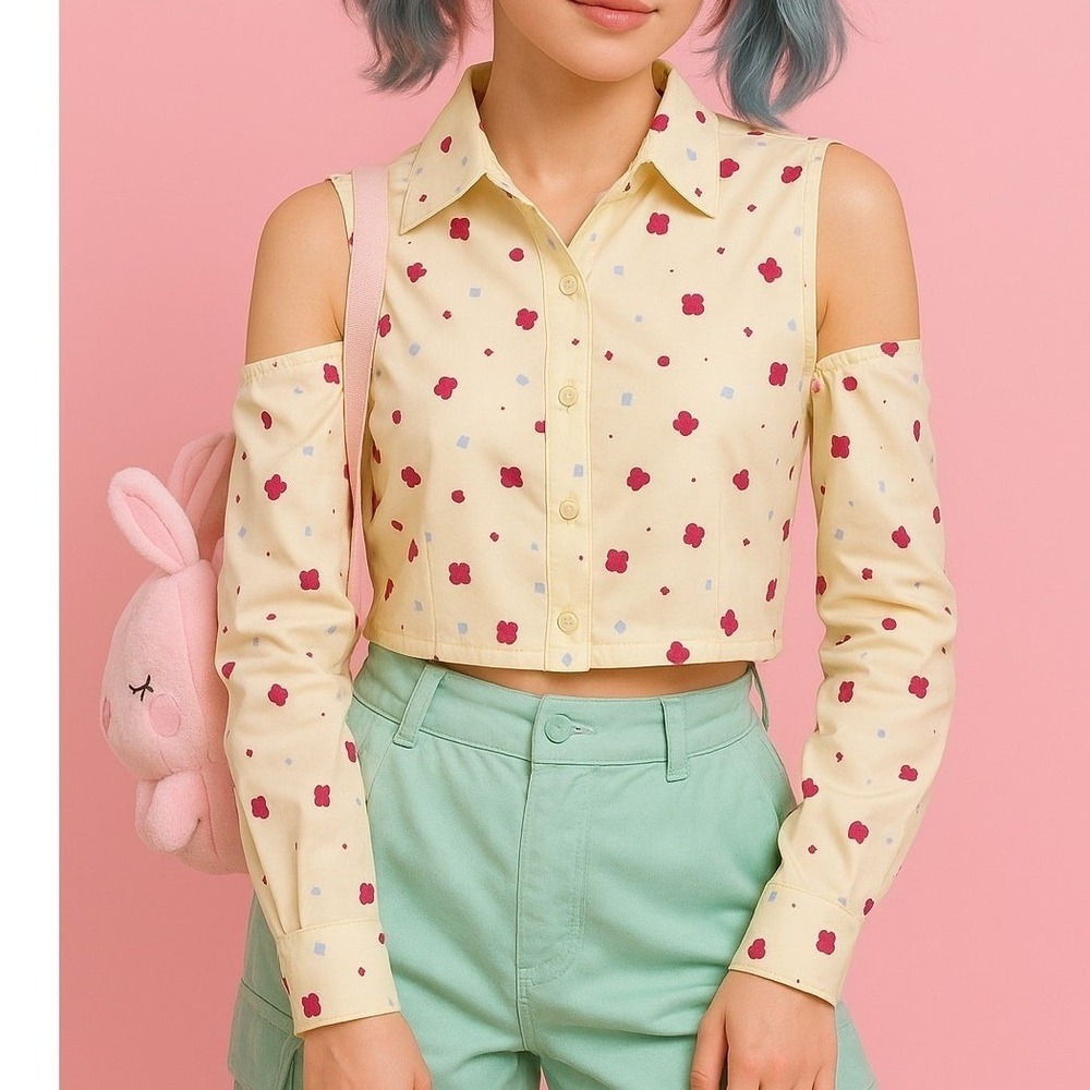 XS Pale Yellow Printed Cold Shoulder‎ Button Down Crop Menswear Collared Blouse